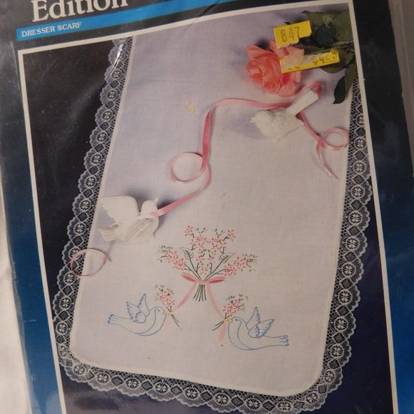 Bucilla Cross Stitch Kit Dresser Scarf Love Birds Special Edition - Picture 2 of 5